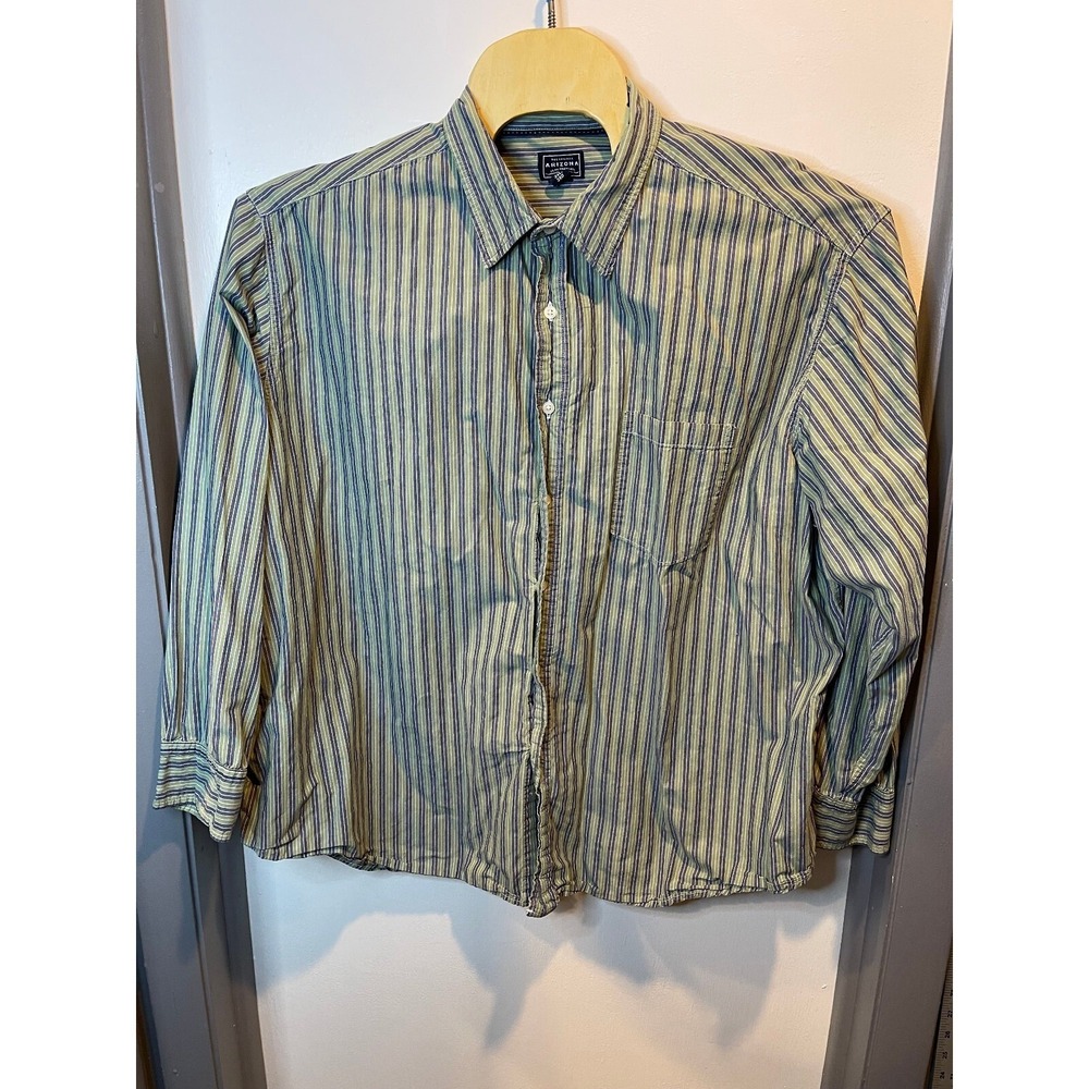 Arizona Jean Company Mens 3XL Striped Button Down Shirt Green Blue Cotton L/S